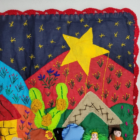 Vtg Handmade Peruvian Folk Art Nativity Scene Cotton Arpilleria - 3D Fabric Art - Picture 4 of 16